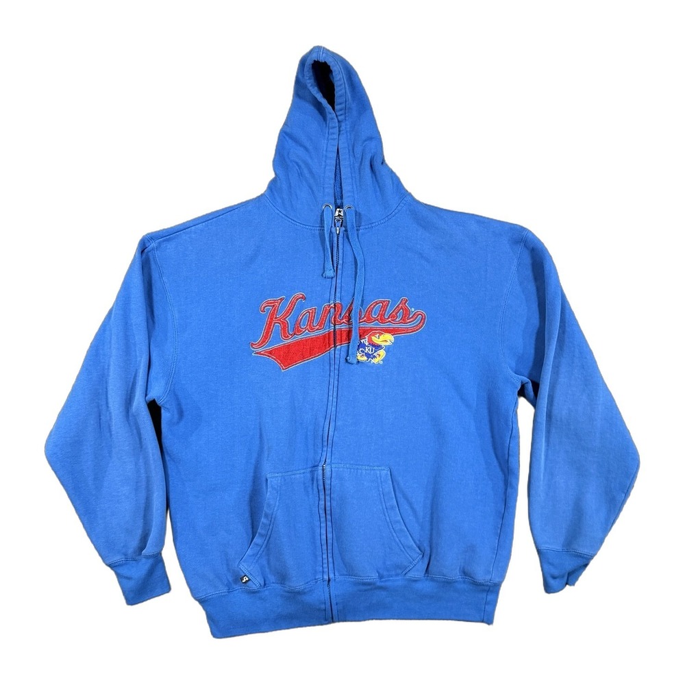 J America Kansas Jayhawks Full Zip Hoodie Mens XXL Blue Embroidered Logo